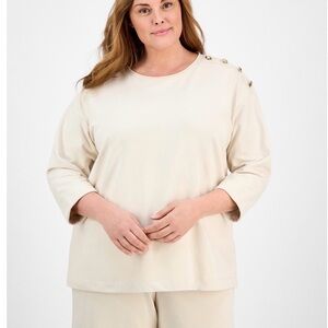 Anne Klein Plus Size French Terry 2/3-Sleeve Button-Shoulder Top